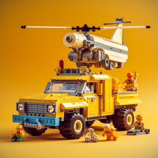 I veicoli dell'esercito LEGO sono disposti in fila su uno sfondo giallo ai generativo