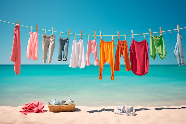 I vestiti appesi a un filo da asciugare I costumi da bagno estivi appesi e asciugati al sole su una spiaggia