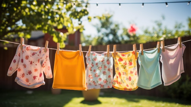 I vestiti colorati dei bambini sono asciugati sul filo del bucato nel giardino fuori al sole.