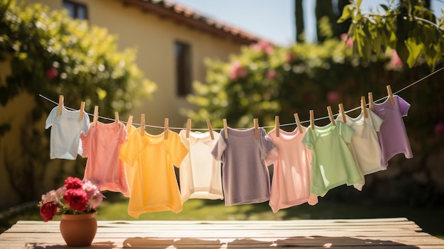 I vestiti colorati dei bambini sono asciugati sul filo del bucato nel giardino fuori al sole.
