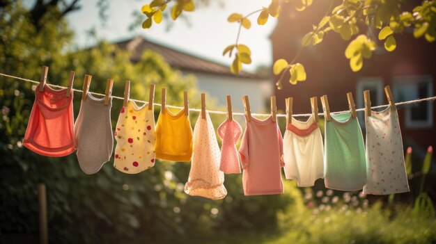 I vestiti colorati dei bambini sono asciugati sul filo del bucato nel giardino fuori al sole.