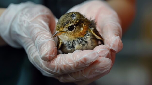 I veterinari tengono con tenerezza un giovane uccello fragile