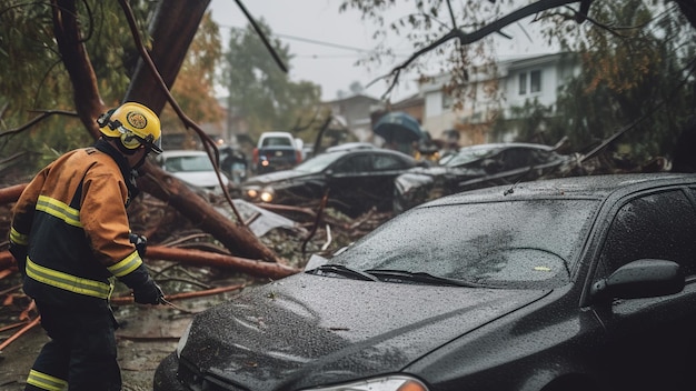 I vigili del fuoco aiutano a rimuovere gli alberi caduti dalle auto all'indomani di una giornata di pioggia tempestosa