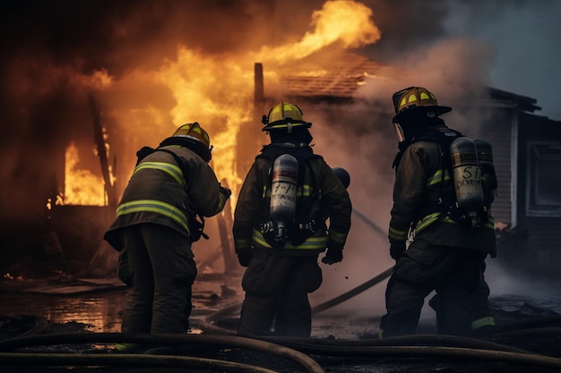 I vigili del fuoco combattono un incendio con un tubo sul retro delle loro uniformi