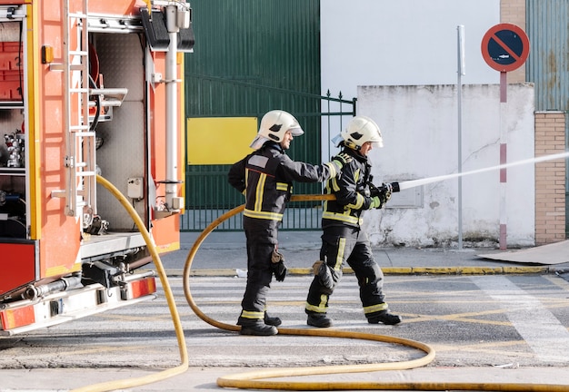 I vigili del fuoco con un tubo dell'acqua che tira l'acqua per spegnere un incendio