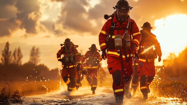 I vigili del fuoco corrono attraverso l'acqua verso un edificio in fiamme I vigile del fuoco indossano attrezzature di protezione e portano tubi