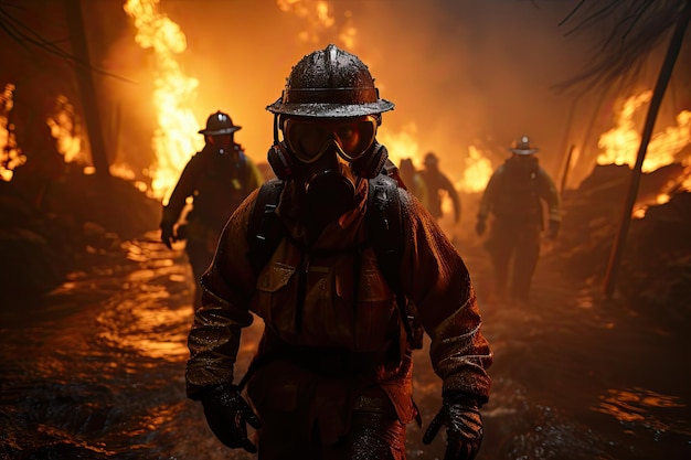 I vigili del fuoco in piena attrezzatura combattono coraggiosamente un incendio furioso