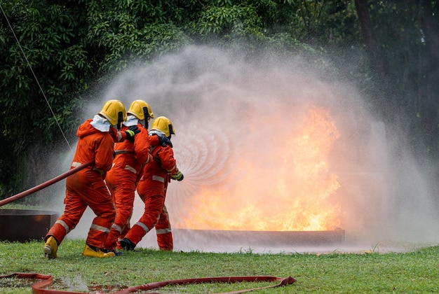 I vigili del fuoco oi vigili del fuoco usano l'estintore e spruzzano acqua ad alta pressione dal tubo per controllare il fuoco