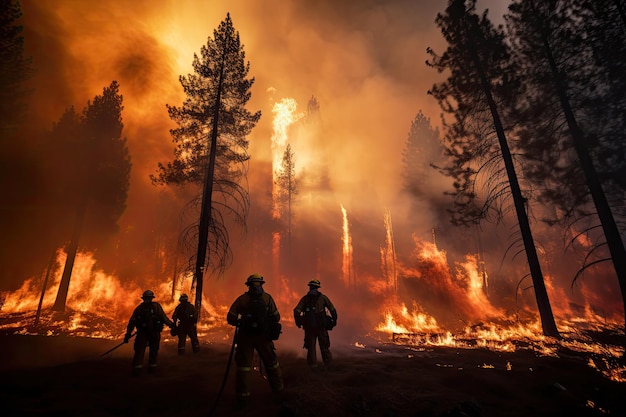 I vigili del fuoco spengono un incendio forestale con fumo e legna da ardere di notte Il vigile del fuoco cerca di prevenire la diffusione del disastro naturale