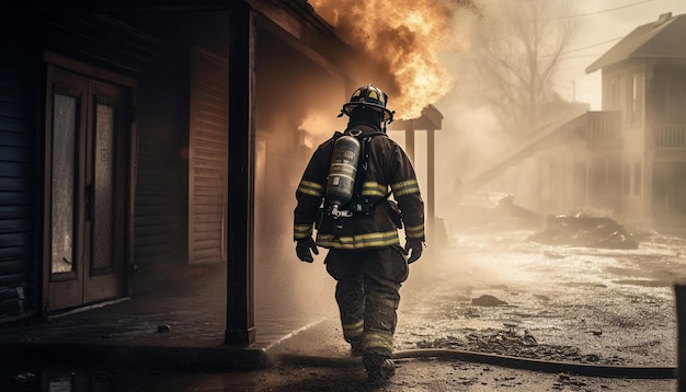 I vigili del fuoco spruzzano acqua su un edificio in fiamme proteggendo la struttura costruita dall'inferno generato dall'IA