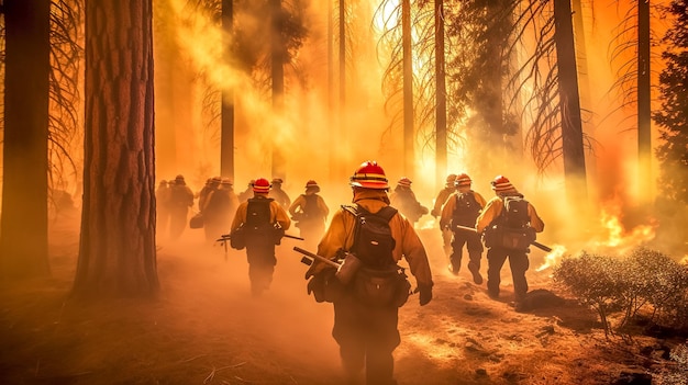 I vigili del fuoco volontari sugli incendi boschivi, il riscaldamento e i cambiamenti climatici realizzati con l'IA generativa