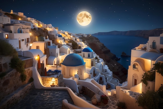 I villaggi sulla scogliera di Santorini al chiaro di luna