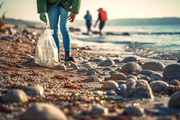 I volontari raccolgono rifiuti e inquinamento da una spiaggia dopo una tempesta generata da Ai