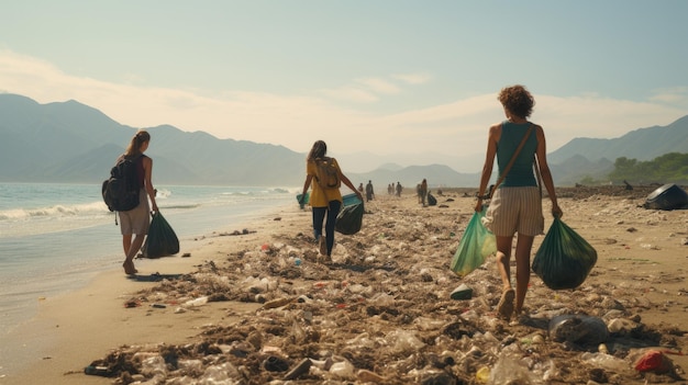 I volontari ripuliscono i rifiuti sulla spiaggia preservando la natura pulita
