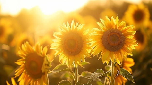 I volti allegri dei girasoli rivolti verso la calda luce del sole