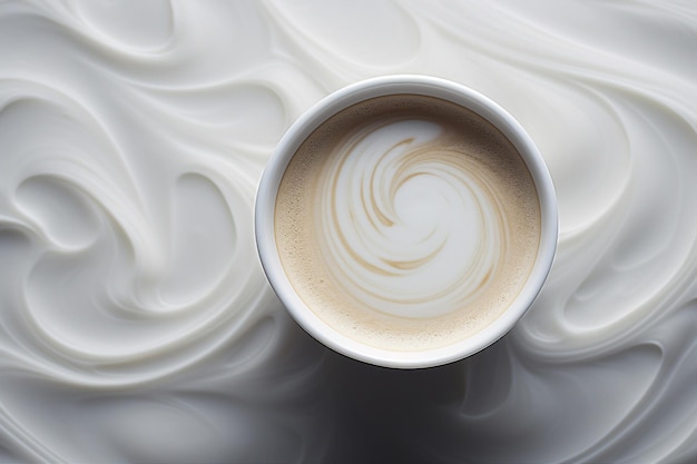 I vortici lattiginosi in una tazza di caffè in piedi su un tavolo bianco Fluido vorticoso pelle bianca lattiginosa vista dall'alto