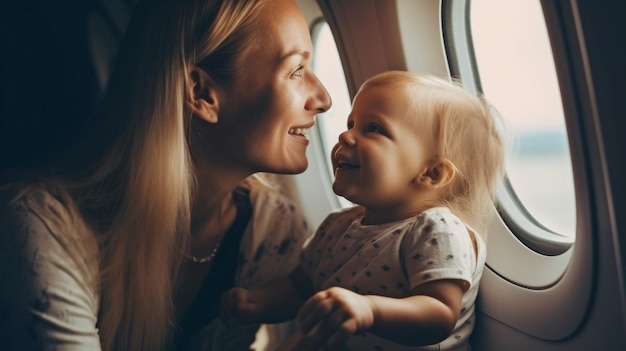 IA generativa bambino allegro e madre in volo