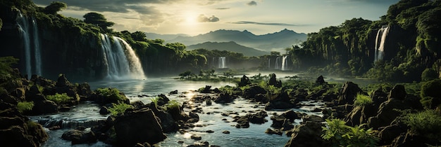 IA generativa Bellissimo paesaggio verde della foresta amazzonica giungla della foresta pluviale con cascate