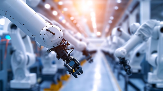 IA generativa Bracci robot industriali intelligenti per la tecnologia di produzione digitale in fabbrica che mostra l'automazione