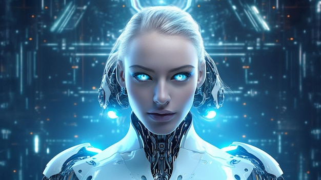 IA generativa con un cyborg femminile sullo sfondo