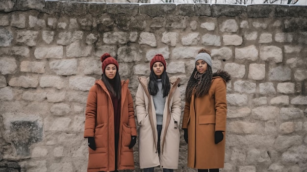 IA generativa di donne urbane in piedi davanti a un muro di pietra che indossano abiti invernali