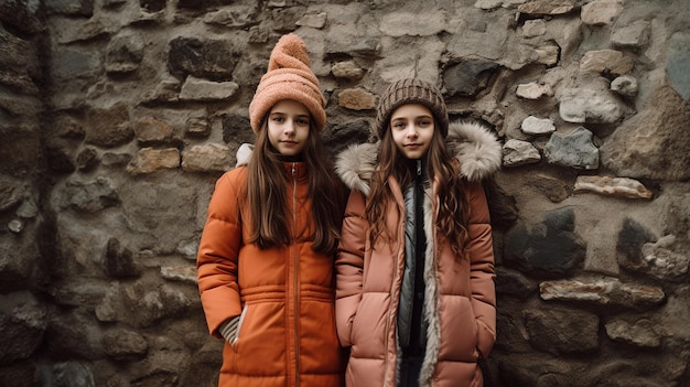 IA generativa di donne urbane in piedi davanti a un muro di pietra che indossano abiti invernali