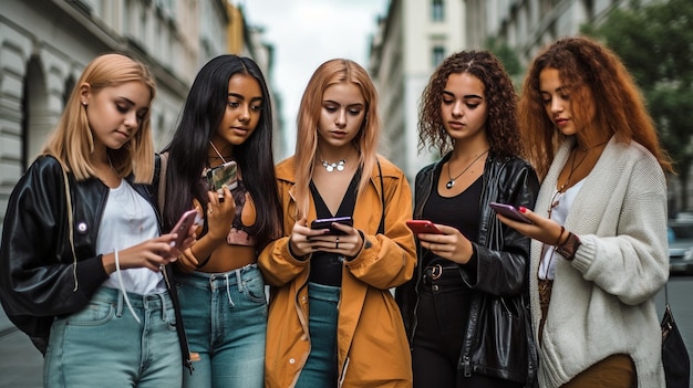 IA generativa di giovani donne e dei loro amici in piedi e che usano gli smartphone