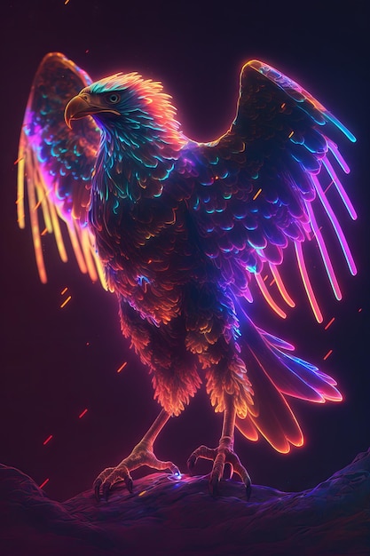 IA generativa di un'aquila con luci al neon sulle ali