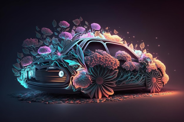 IA generativa di un'auto con fiori su sfondo nero