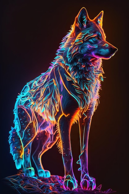 IA generativa di un lupo in luce al neon su sfondo nero