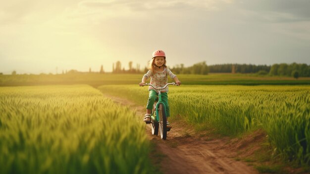 IA generativa di un ragazzo gioioso che va in bicicletta all'aperto in un campo verde primaverile