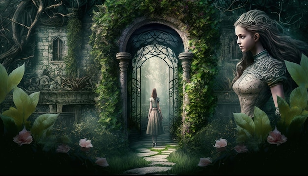 IA generativa di una bella ragazza in un giardino fantastico Fantasy