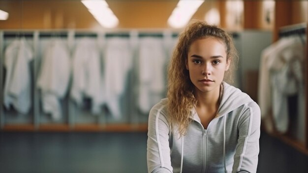 IA generativa di una bellissima giovane donna seduta nello spogliatoio di una palestra