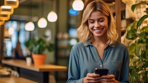 IA generativa di una professionista bionda sorridente al telefono in un bar