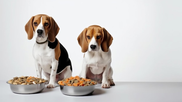 IA generativa due beagle seduti con un piatto di cibo secco