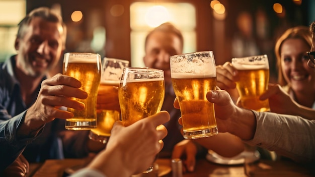 IA generativa e amici che brindano alla birra in un pub