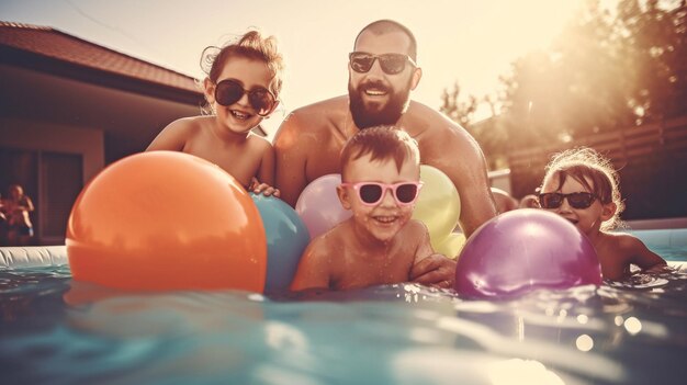 IA generativa e genitori e bambini gioiosi in piscina