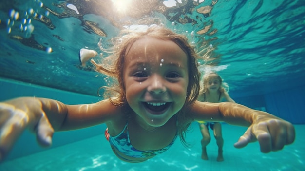 IA generativa e gioiosi bambini che nuotano sott'acqua