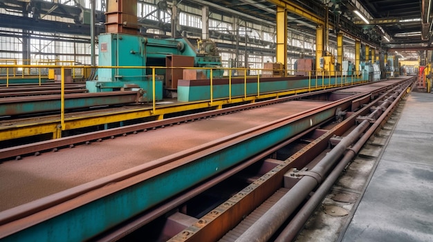 IA generativa e nastro trasportatore all'interno di una fabbrica o di un impianto metallurgico industriale