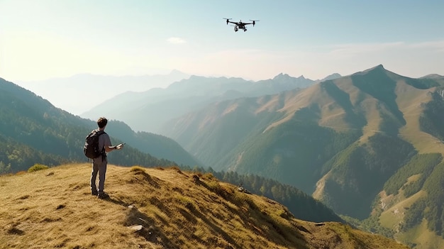 IA generativa e un escursionista che utilizza un drone per scattare foto e filmare sulla cima di una montagna