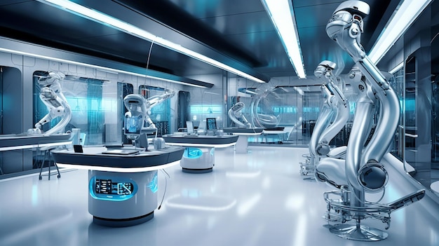IA generativa e un laboratorio futuristico con bracci robotici funzionali