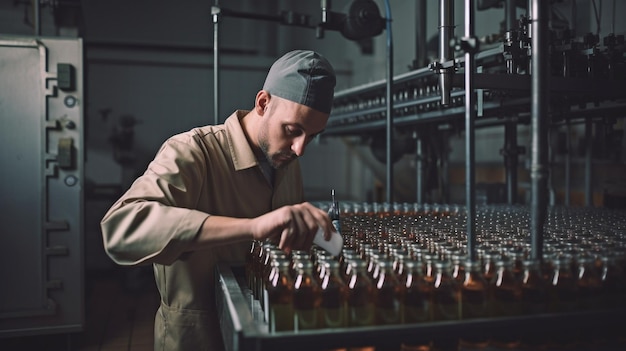 IA generativa e un operaio che lavora in una fabbrica di imbottigliamento di alcolici