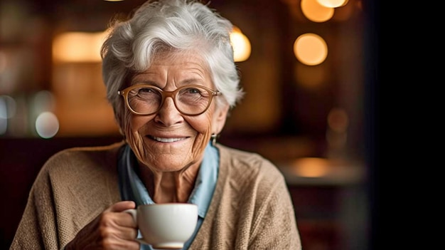 IA generativa e una donna anziana in pausa caffè