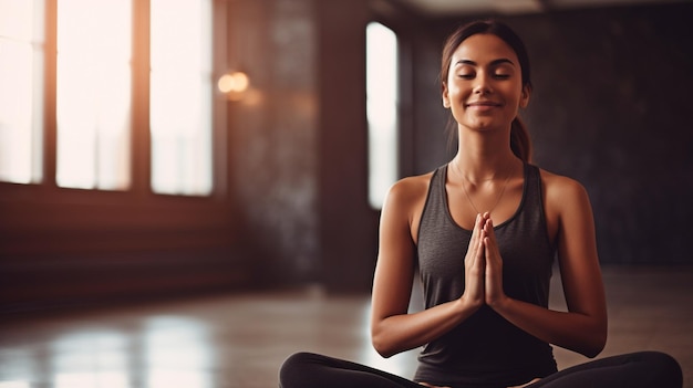 IA generativa e una gioiosa giovane donna che pratica yoga