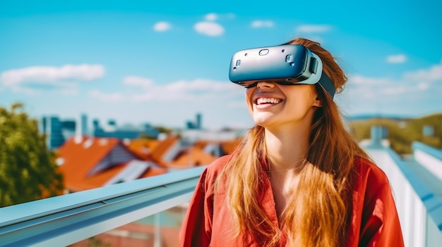 IA generativa e una giovane donna che indossa occhiali per realtà virtuale su un tetto