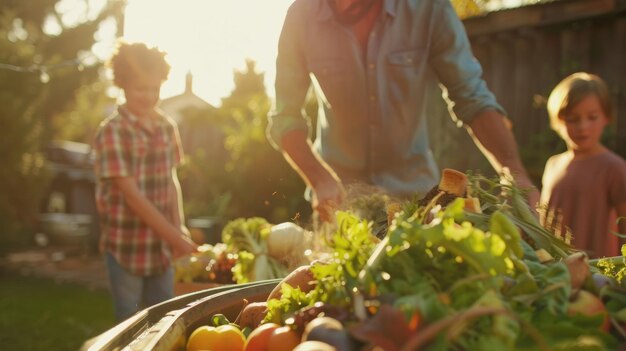 IA generativa Famiglia che composta i rifiuti alimentari in giardino in un contenitore per il compost