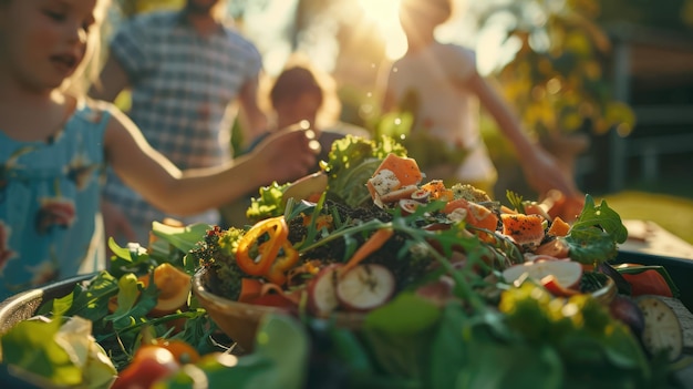 IA generativa Famiglia che composta i rifiuti alimentari in giardino in un contenitore per il compost