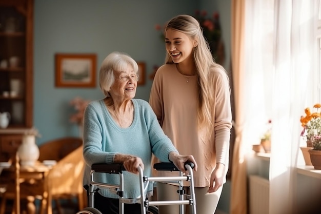 IA generativa Felice donna anziana che parla con un'infermiera amichevole nel reparto geriatrico