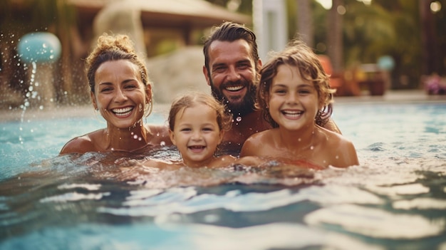 IA generativa genitori e bambini estasiati in piscina