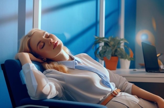 IA generativa Giovane donna esausta sdraiata sul tavolo e addormentata mentre lavora a un progetto remoto in